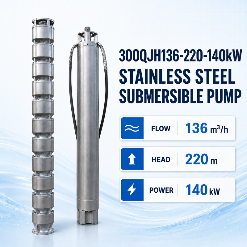 Pompa sommersa in acciaio inossidabile da 140 kW con prevalenza di 220 m e portata di 136 m³/h per applicazioni in pozzi profondi