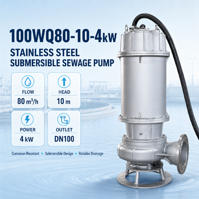 Pompa sommergibile per acque cariche in acciaio inox con portata di 80 m³/h e prevalenza di 10 m per il drenaggio delle acque reflue